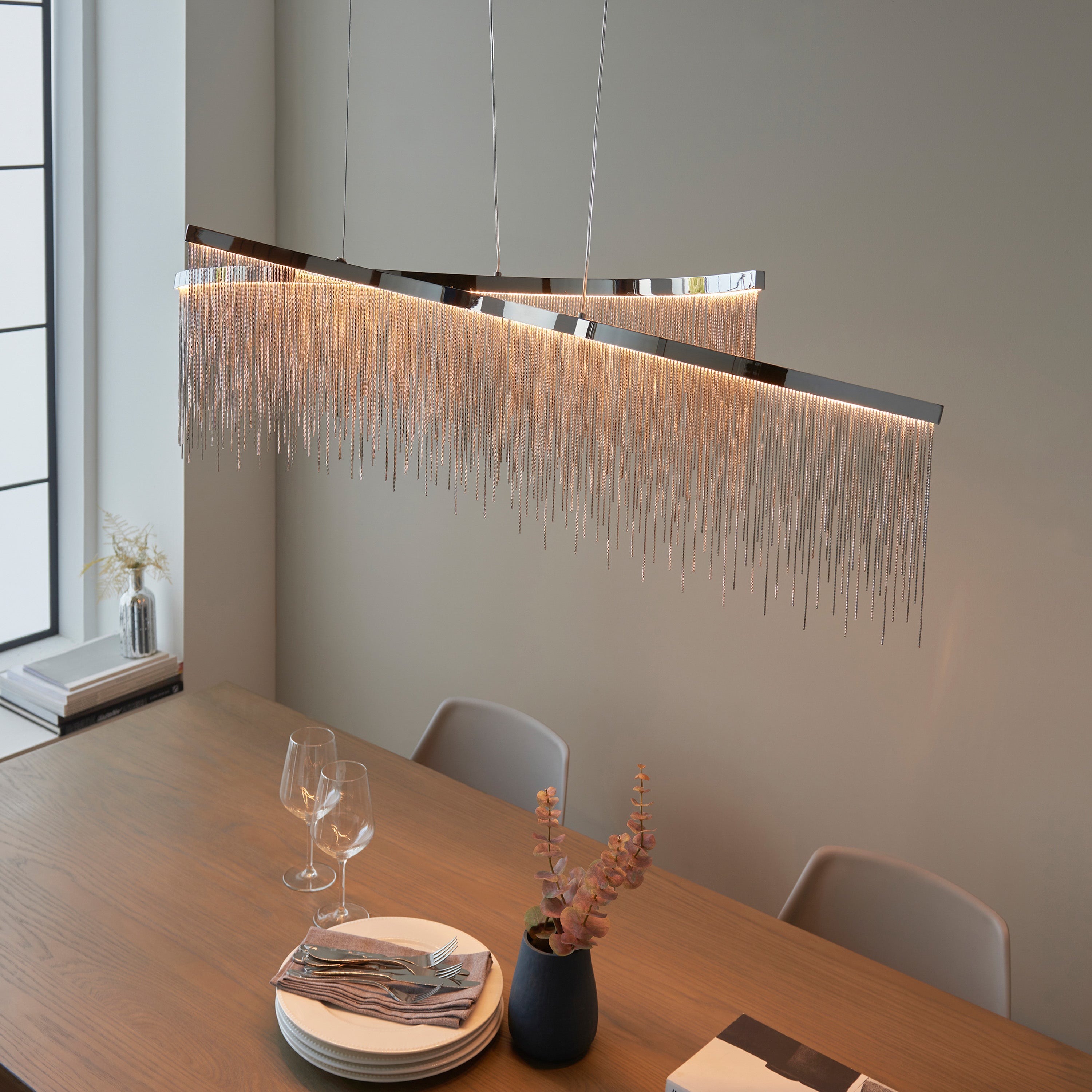 Amelia Linear Chrome & Silver Chain Pendant Light